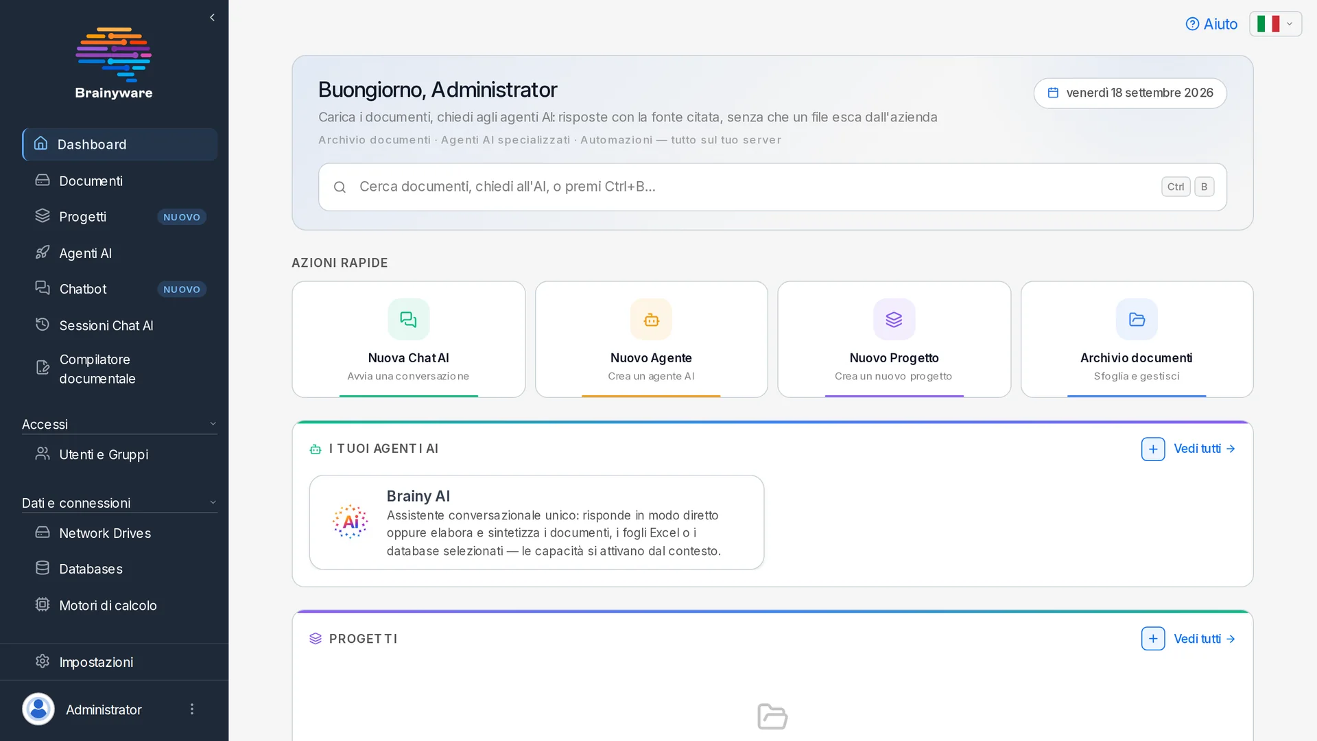 La dashboard di Brainyware: ricerca sui documenti aziendali, agenti AI e progetti, tutto sul server dell'azienda